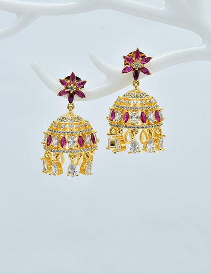 Designer Zirconia Ruby and White Jhumka Earrings