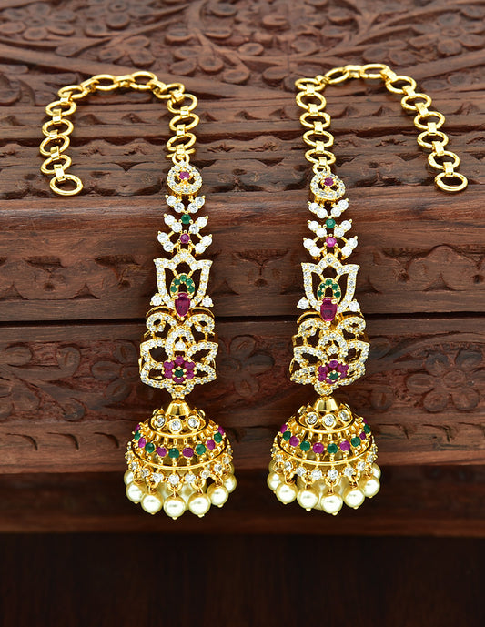 Designer Zirconia Gold Plated Jhumka Earrings+Matties