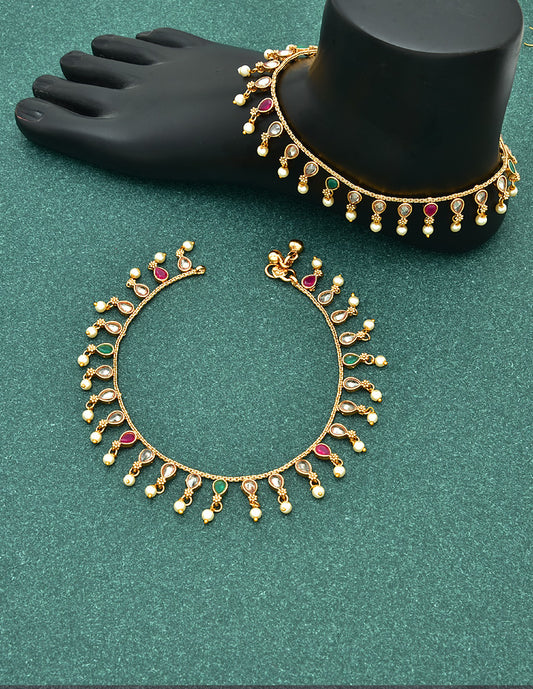 Designer Drop Shape Kundan Anklets