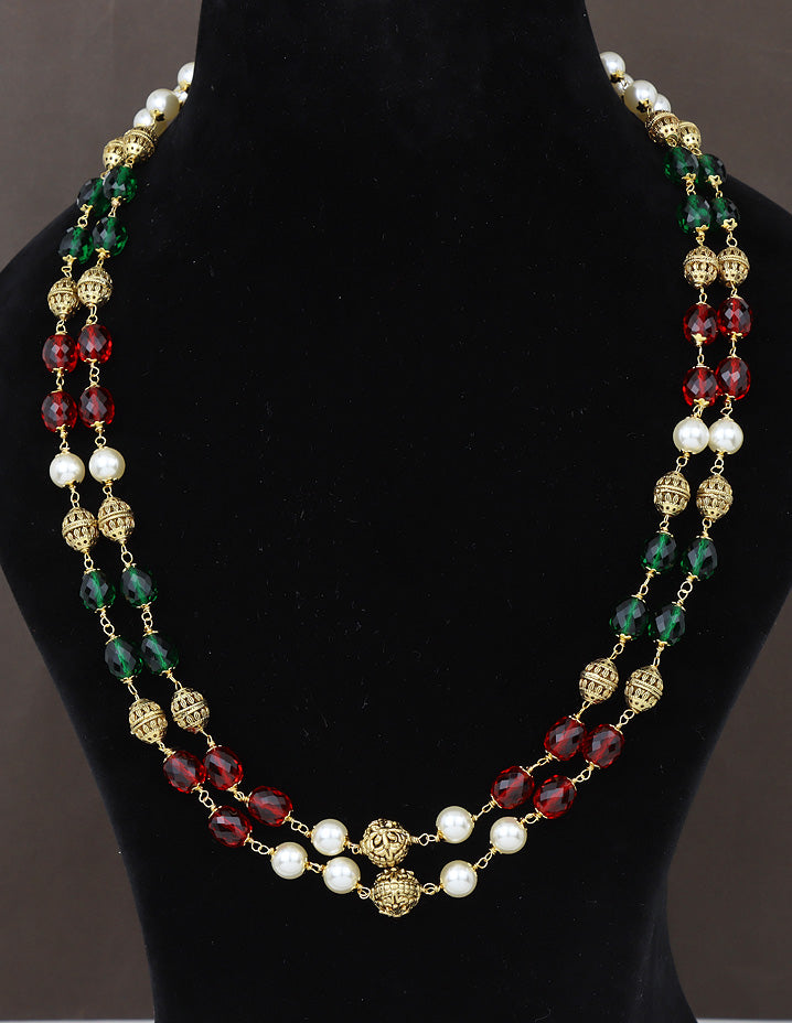 2-Line Designer Ruby Emerald Crystal Beads Mala