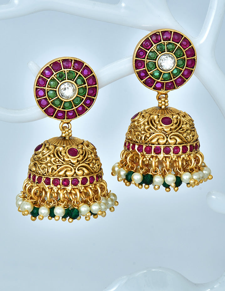 Temple Jhumki With Matte Gold Plating On Bell Pattern Earrings – Maharani