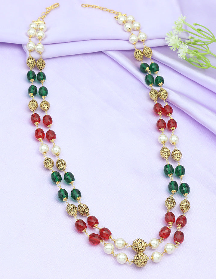 2-Line Designer Ruby Emerald Crystal Beads Mala