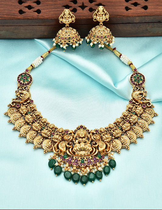 Designer Matt Lakshmi Devi Kasu Necklace Set With Monalisa Beads