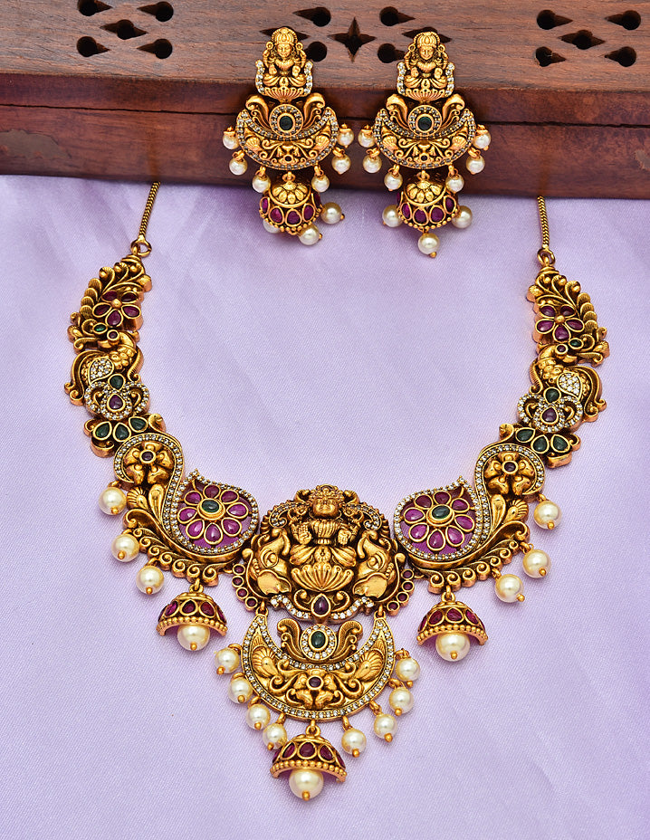 Designer Matt Lakshmi Devi Mang Necklace Set With Pearls – Violet ...