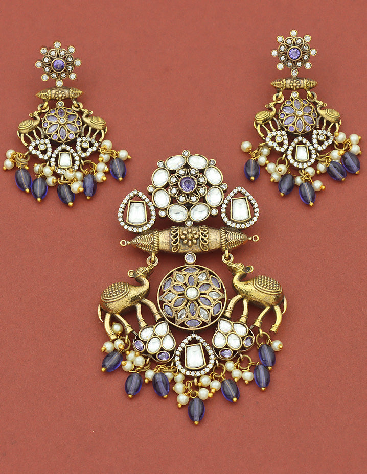 Designer Victorian Kundan Pendant Set with Amethyst Stone