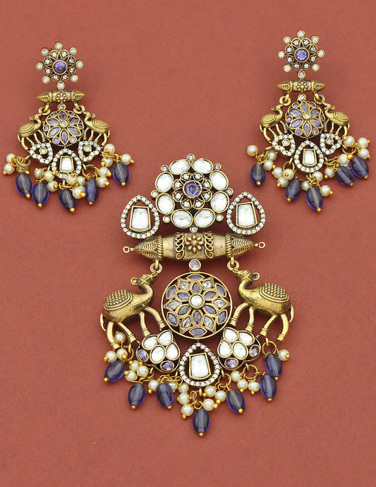 Designer Victorian Kundan Pendant Set with Amethyst Stone