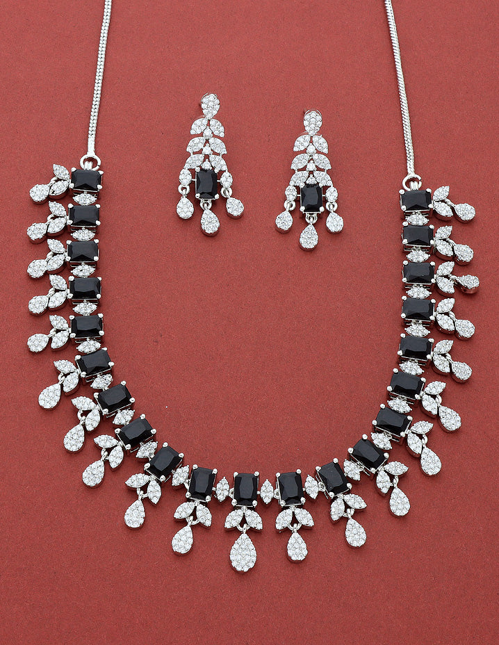 Designer Rhodhium Zirconia Black Stone Necklace Set