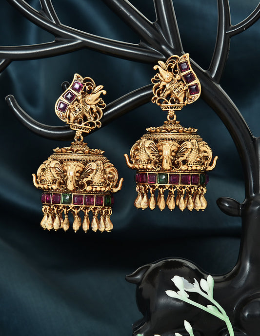 Designer Kempu Ruby and Emerald Jhumka Earrings