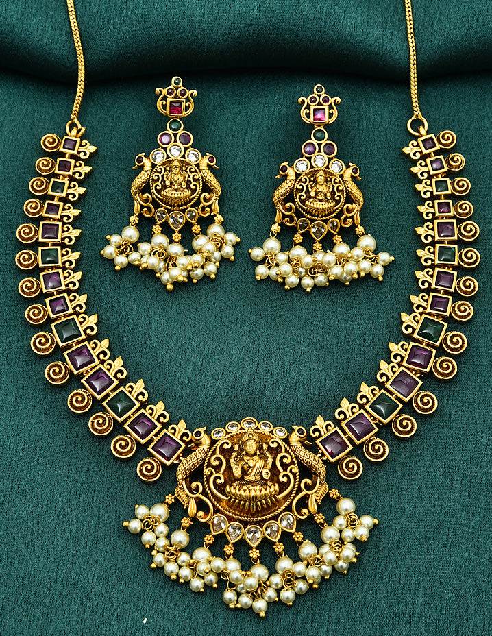 Designer Matt Lakshmi Devi Kempu Necklace Set With Pearls