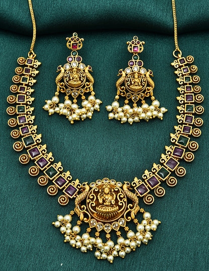 Designer Matt Lakshmi Devi Kempu Necklace Set With Pearls