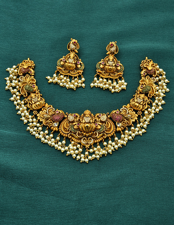 Designer Matt Lakshmi Devi Peacock Necklace Set With Pearls