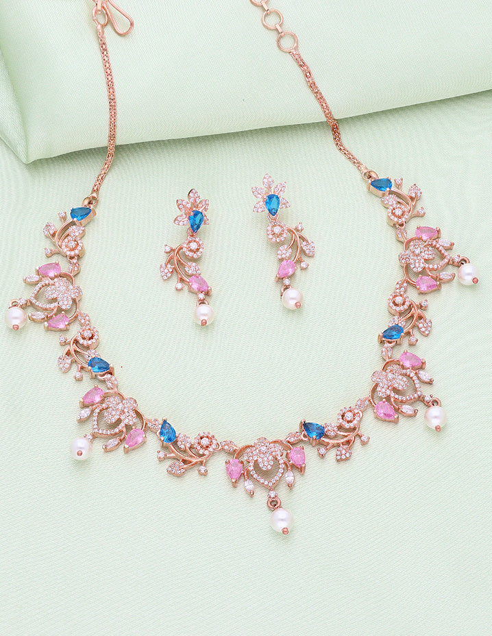 Designer Rose Gold Plated Zirconia Necklace Set