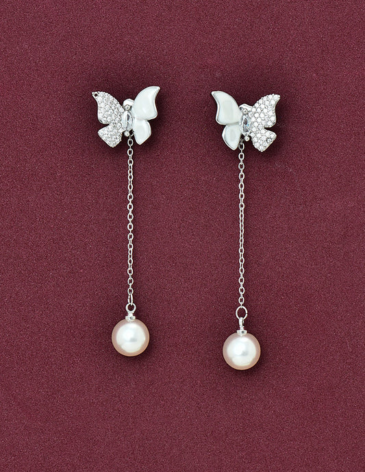 Designer Zirconia Butterfly Rhodhium Polish Dangler Earrings