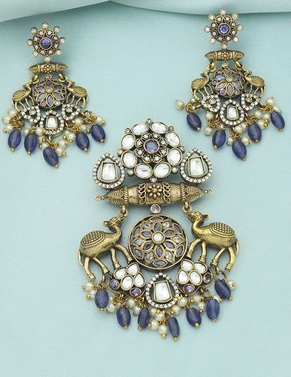 Designer Victorian Kundan Pendant Set with Amethyst Stone