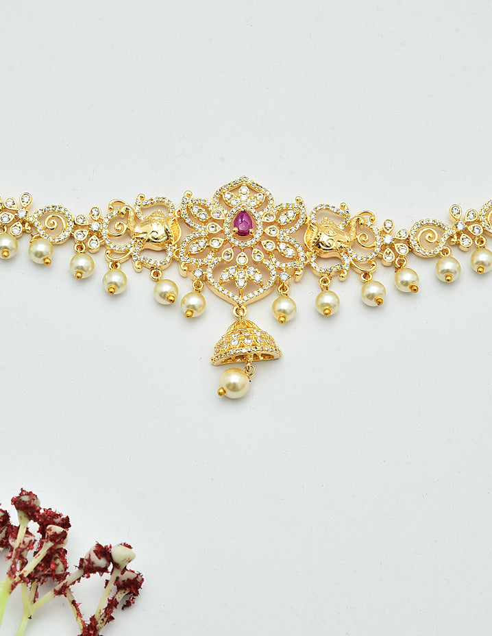 Designer Zirconia Floral Ruby Chain Vaddanam