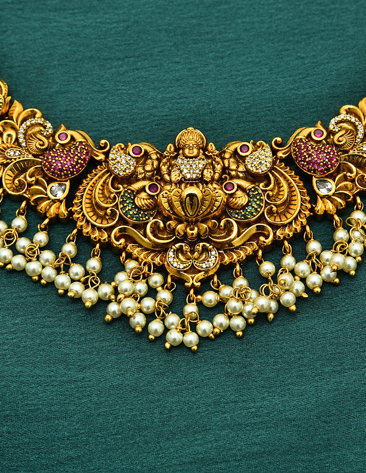 Designer Matt Lakshmi Devi Peacock Necklace Set With Pearls