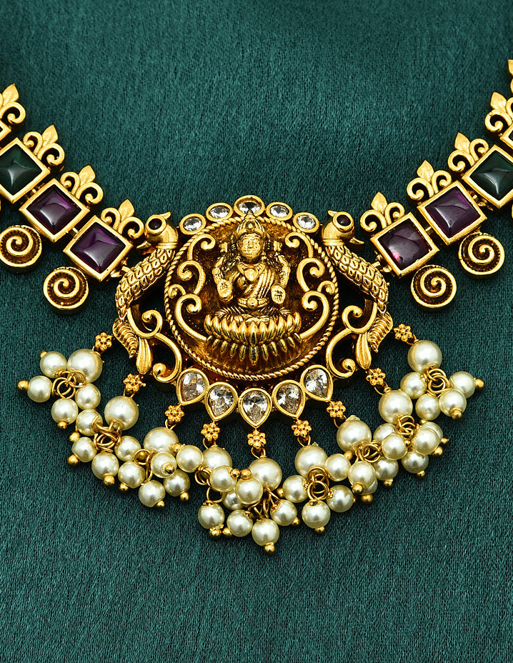 Designer Matt Lakshmi Devi Kempu Necklace Set With Pearls