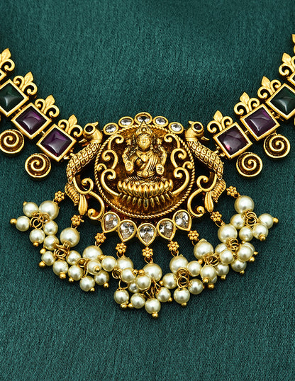 Designer Matt Lakshmi Devi Kempu Necklace Set With Pearls