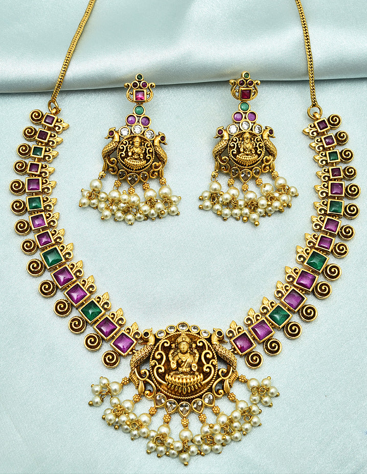 Designer Matt Lakshmi Devi Kempu Necklace Set With Pearls