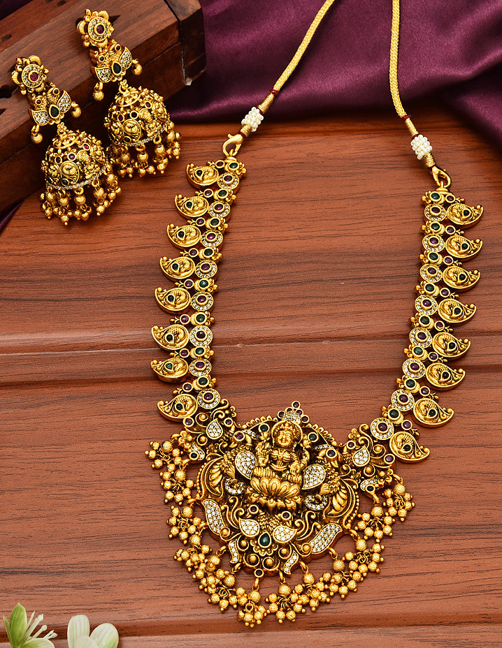 Designer Matt Lakshmi Devi Peacock Necklace Set With Gold Balls