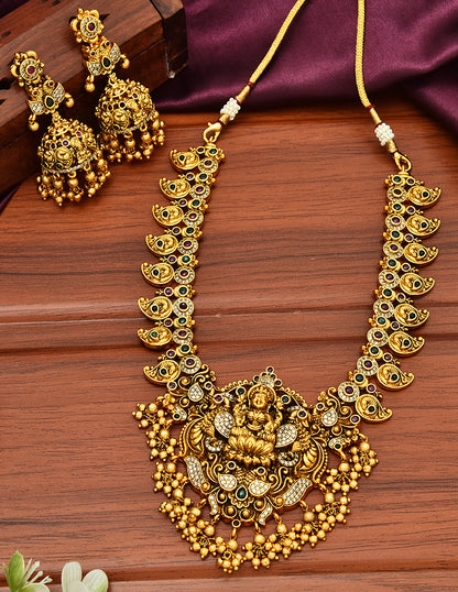 Designer Matt Lakshmi Devi Peacock Necklace Set With Gold Balls