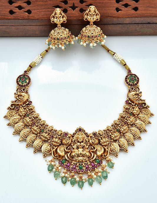 Designer Matt Lakshmi Devi Kasu Necklace Set With Monalisa Beads