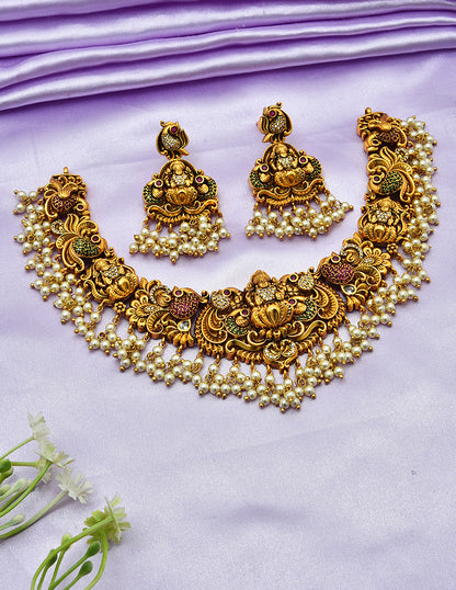 Designer Matt Lakshmi Devi Peacock Necklace Set With Pearls