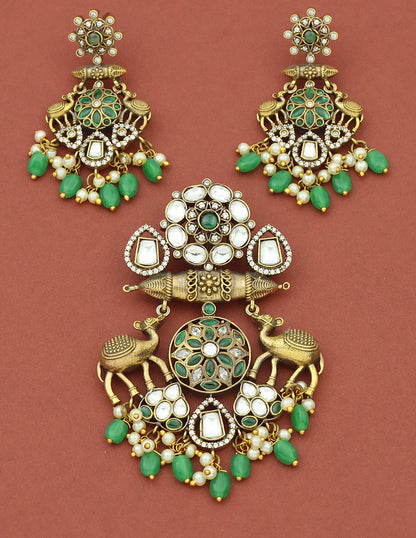 Designer Victorian Kundan Pendant Set with Green Stone