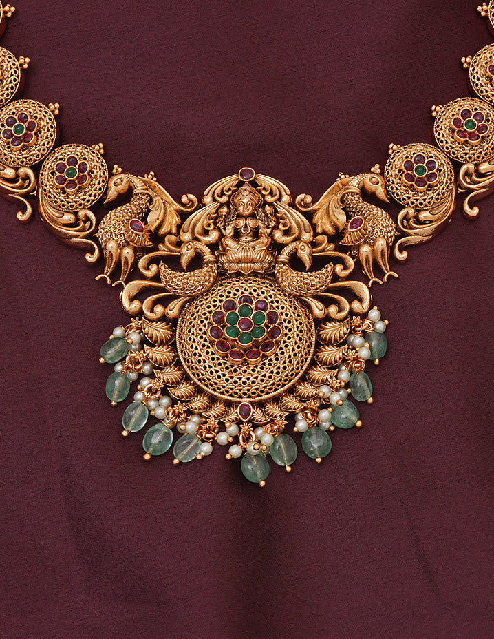 Designer Matt Lakshmi Devi Ruby Emerald Necklace Set With Monalisa Beads