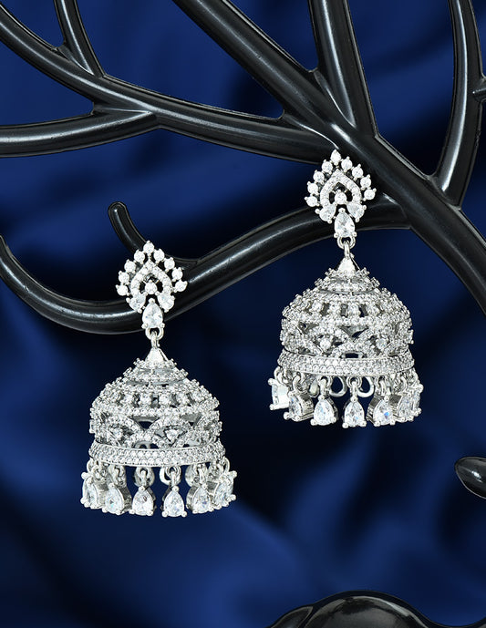 Designer Rhodhium Polish Zirconia Jhumka Earrings