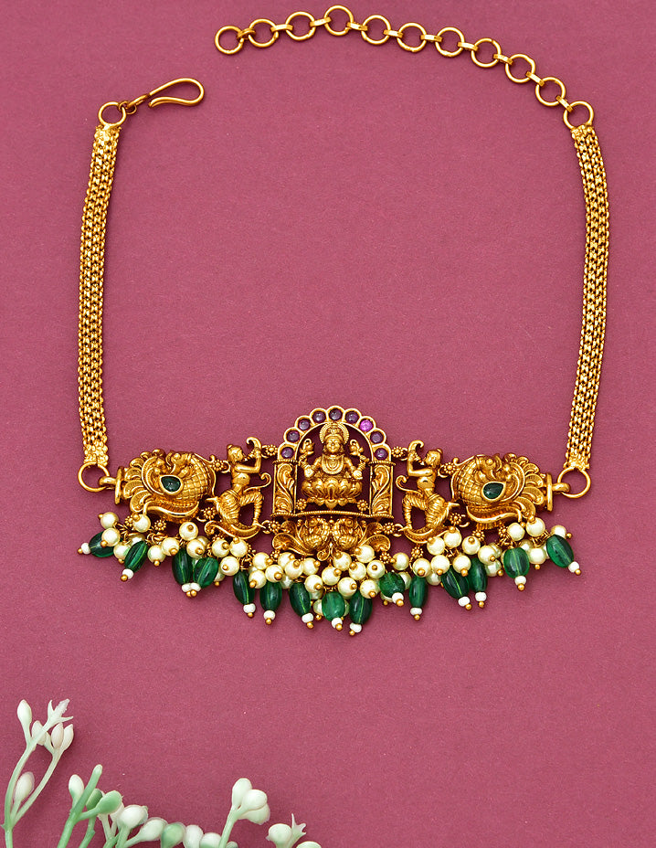 Designer Lakshmi Devi Chain Bajuband With Green Beads