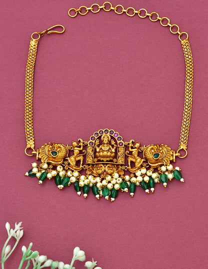 Designer Lakshmi Devi Chain Bajuband With Green Beads