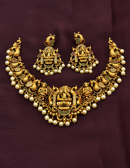 Designer Matt Krishna Peacock Necklace Set With Pearls