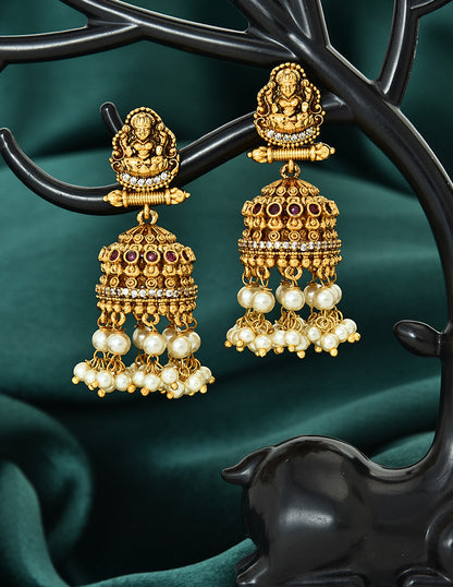 Designer Lakshmi Devi Kempu Ruby and Emerald Jhumka Earrings