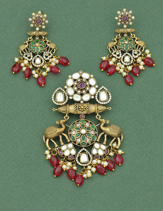 Designer Victorian Kundan Pendant Set with Ruby Beads