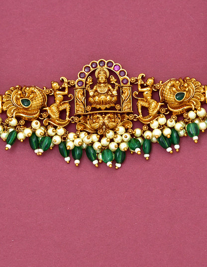 Designer Lakshmi Devi Chain Bajuband With Green Beads