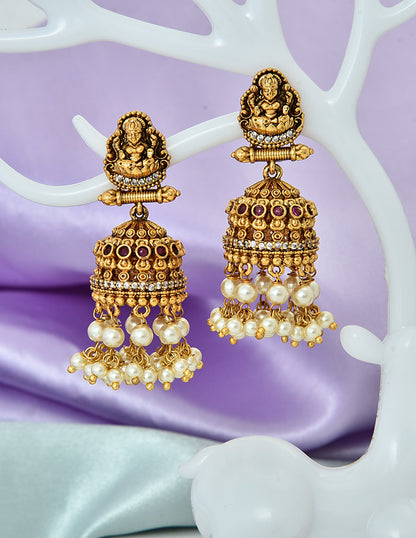 Designer Lakshmi Devi Kempu Ruby and Emerald Jhumka Earrings