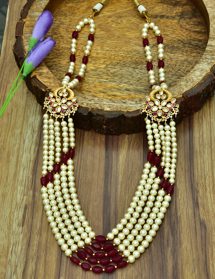 Multi-Line Pearl Beads Mala with Kundan Side Lockets