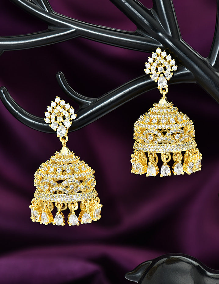 Designer Gold Polish Zirconia Jhumka Earrings