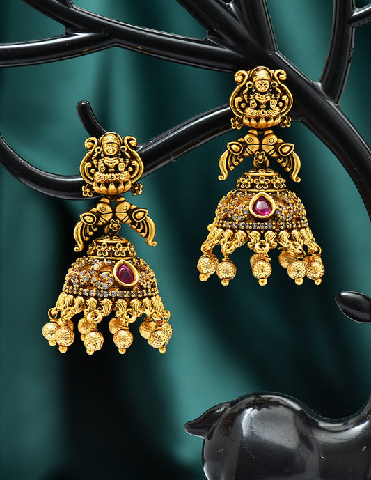 Designer Zirconia Matt Antique Ruby Jhumka Earrings