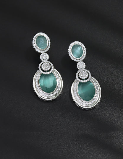 Designer Rhodium Polish Mint Green Dangler Earrings