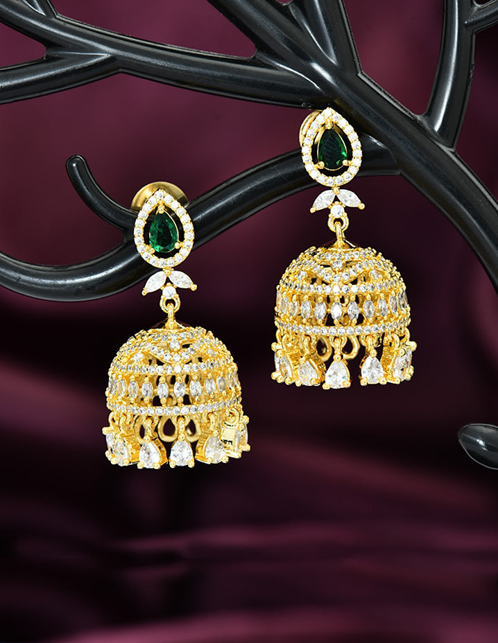 Designer Gold Polish Zirconia Jhumka Earrings