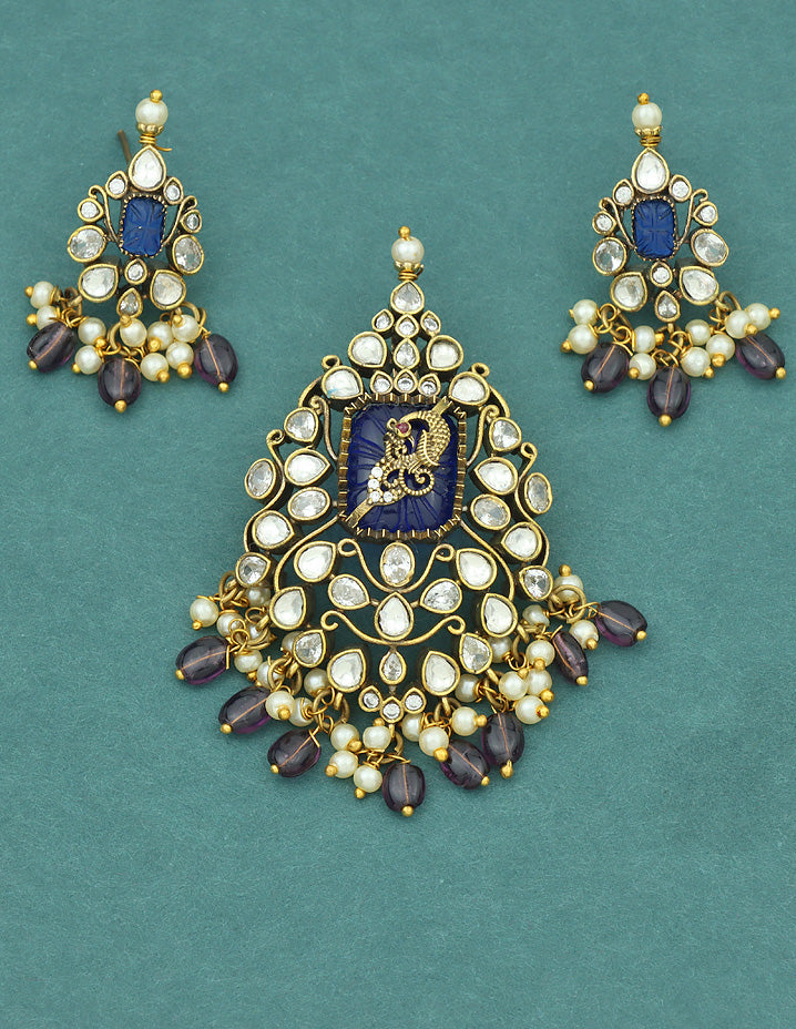 Designer Victorian Kundan Pendant Set with Amethyst Stone