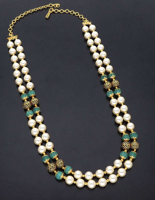 Designer 2-Lines Pearls and Blue Green Beads Mala