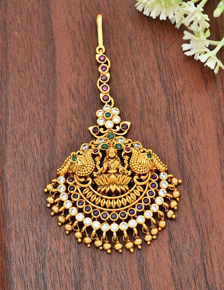 Designer Antique Lakshmi Devi Kempu Maang Tikka