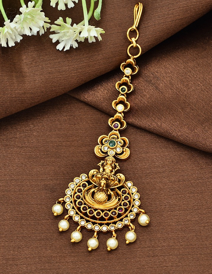 Designer Antique Peacock Kempu Maang Tikka