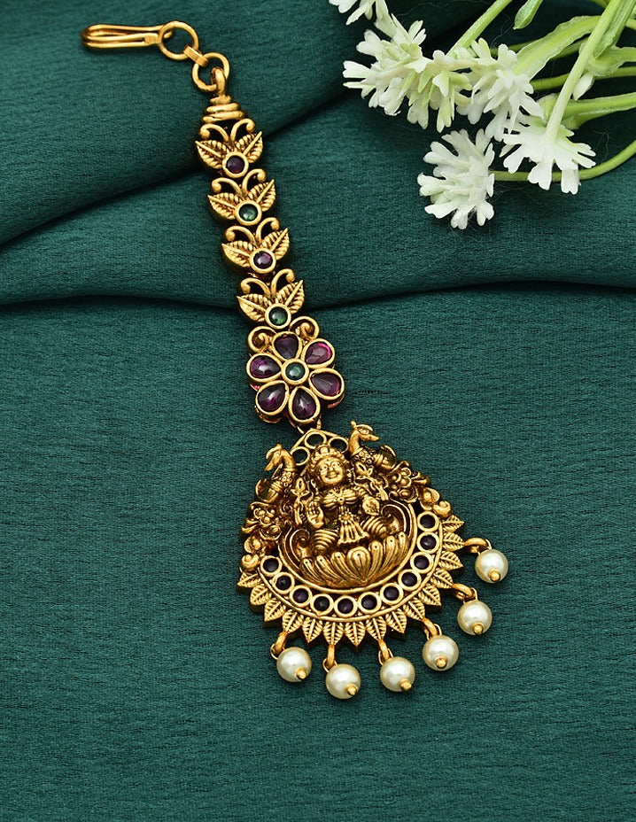 Designer Antique Floral Lakshmi Devi Kempu Maang Tikka