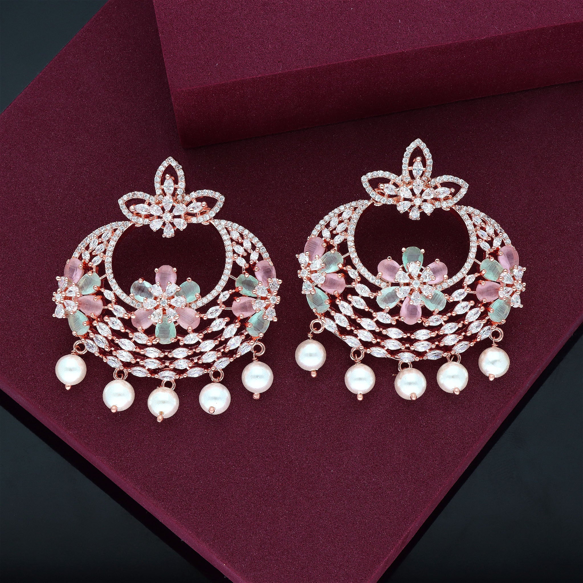 Light Pink Color Kundan Pearl Studded Chandbali Earrings | FashionCrab.com  | Light pink color, Pearl studs, Bold statement jewelry