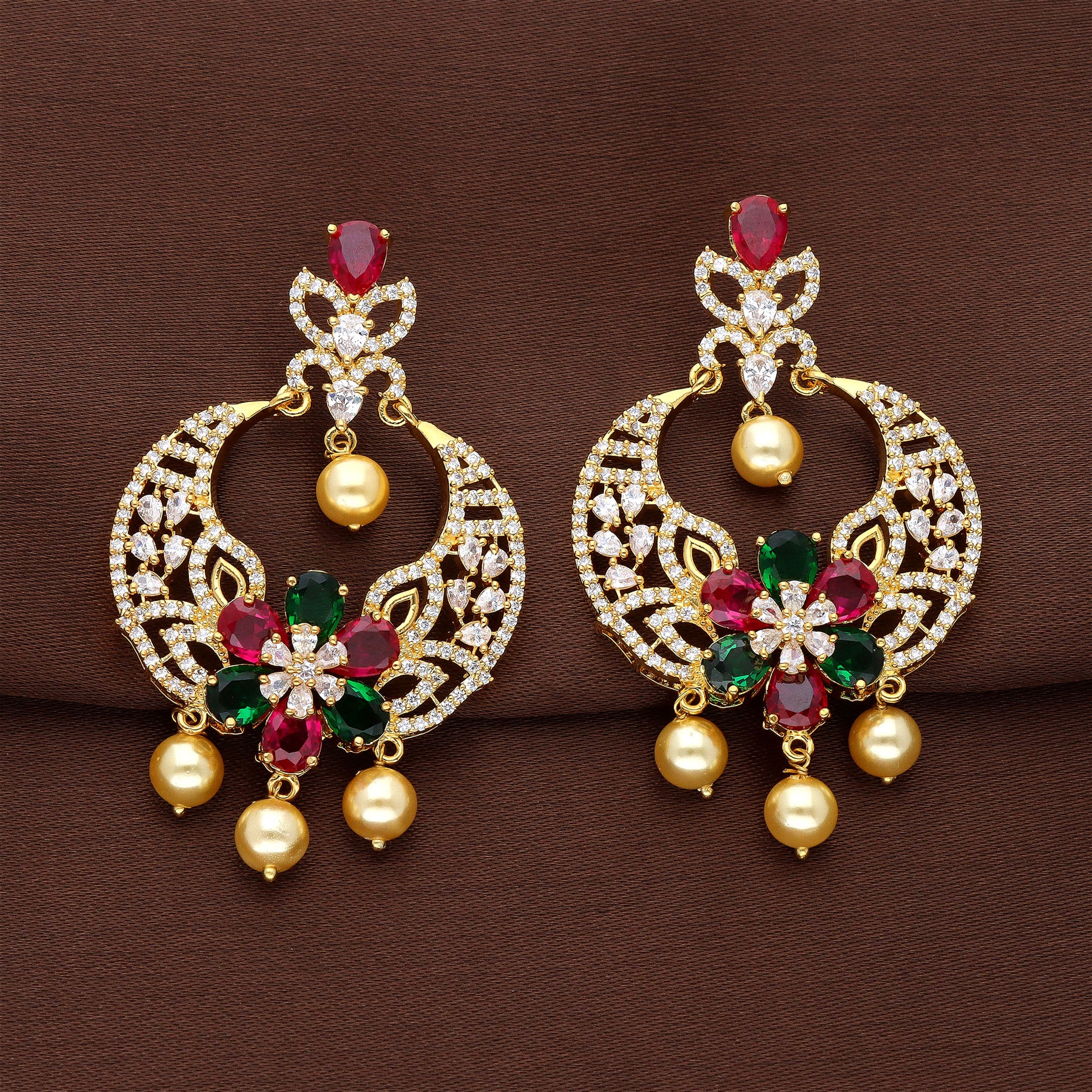 Pearls Studded Gold Plated Chandbali Earrings on Sterling Silver ER 16